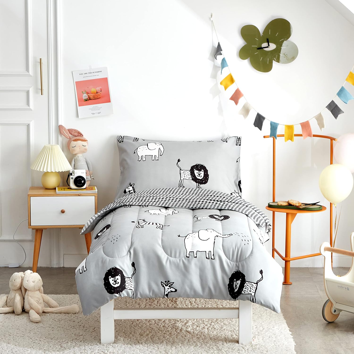 Flysheep 4 Piece Gray Grey Toddler Bedding Set with Multi Animals Printed for Baby Boys - Includes Quilted Comforter, Flat Sheet, Fitted Sheet & Pillow Case, Soft & Comfortable Microfiber