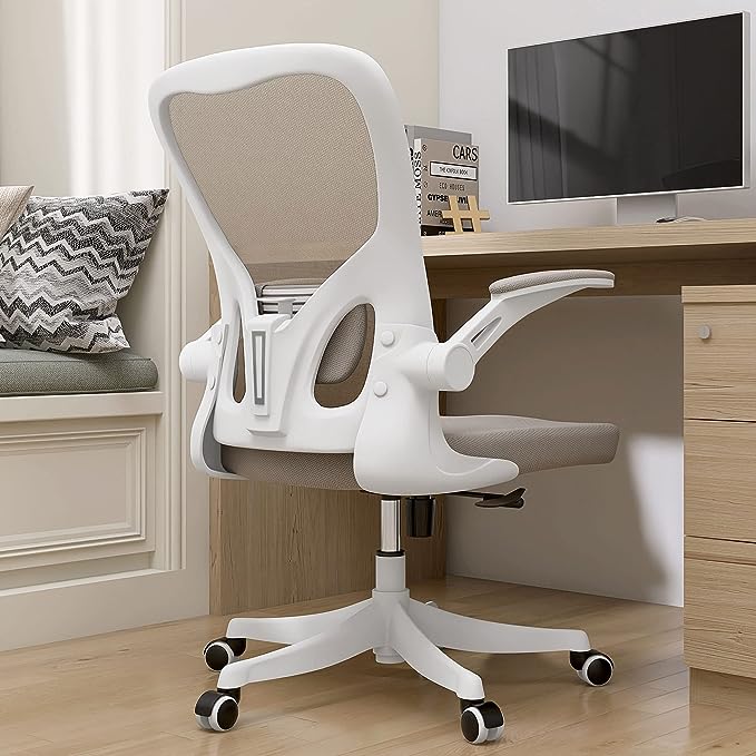 Monhey Desk Computer Chairs - Ergonomic with Lumbar Support & Flip-up Arms Home Office Height Adjustable High Back Rockable Swivel 360 Warm Taupe Mesh Study Chair