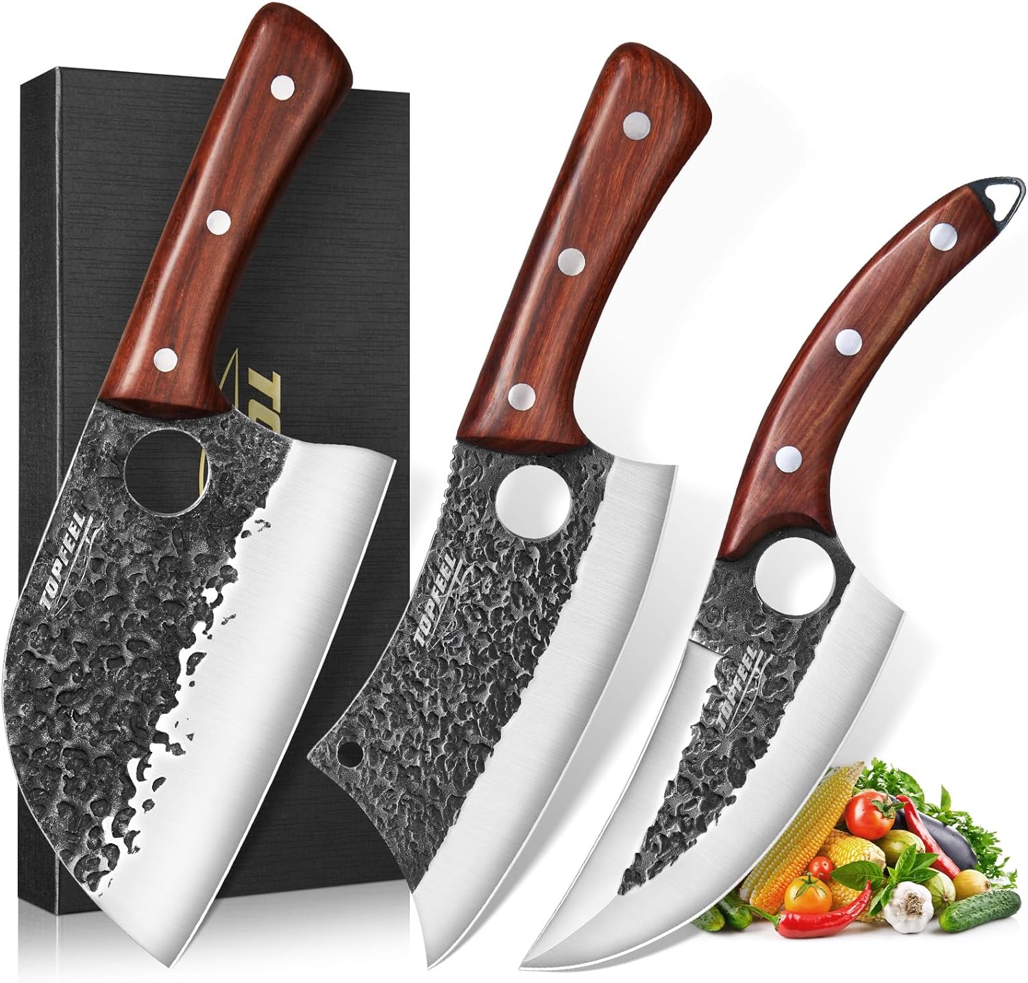 Topfeel 3PCS Butcher Knife Set, Hand Forged Serbian Chef Knife & Meat Cleaver Knife & Viking Knives, Meat Cutting Kitchen Knife Set for Home, Outdoor Cooking, Camping BBQ Gift Idea Men