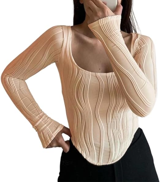 SOFIA'S CHOICE Women' Rib Knit Cutout Long Sleeve Top Round Neck Slim Fit Shirt