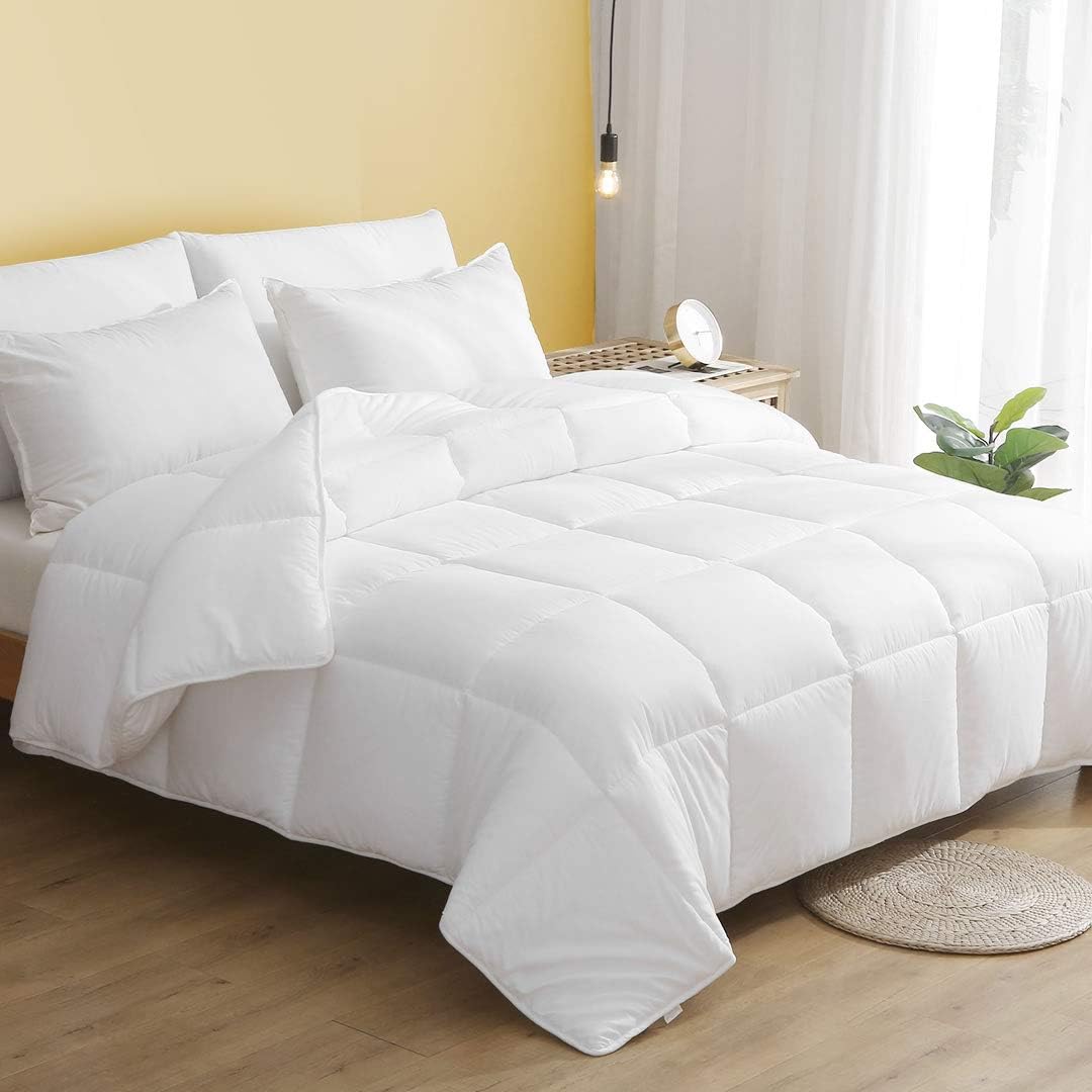 DWR 100% Cotton Covered Down Alternative Comforter, Ultra-Soft Skin-Friendly Cloud Breathable Eucalyptus Microfiber Duvet Insert for All Seasons (Full/Queen, White)