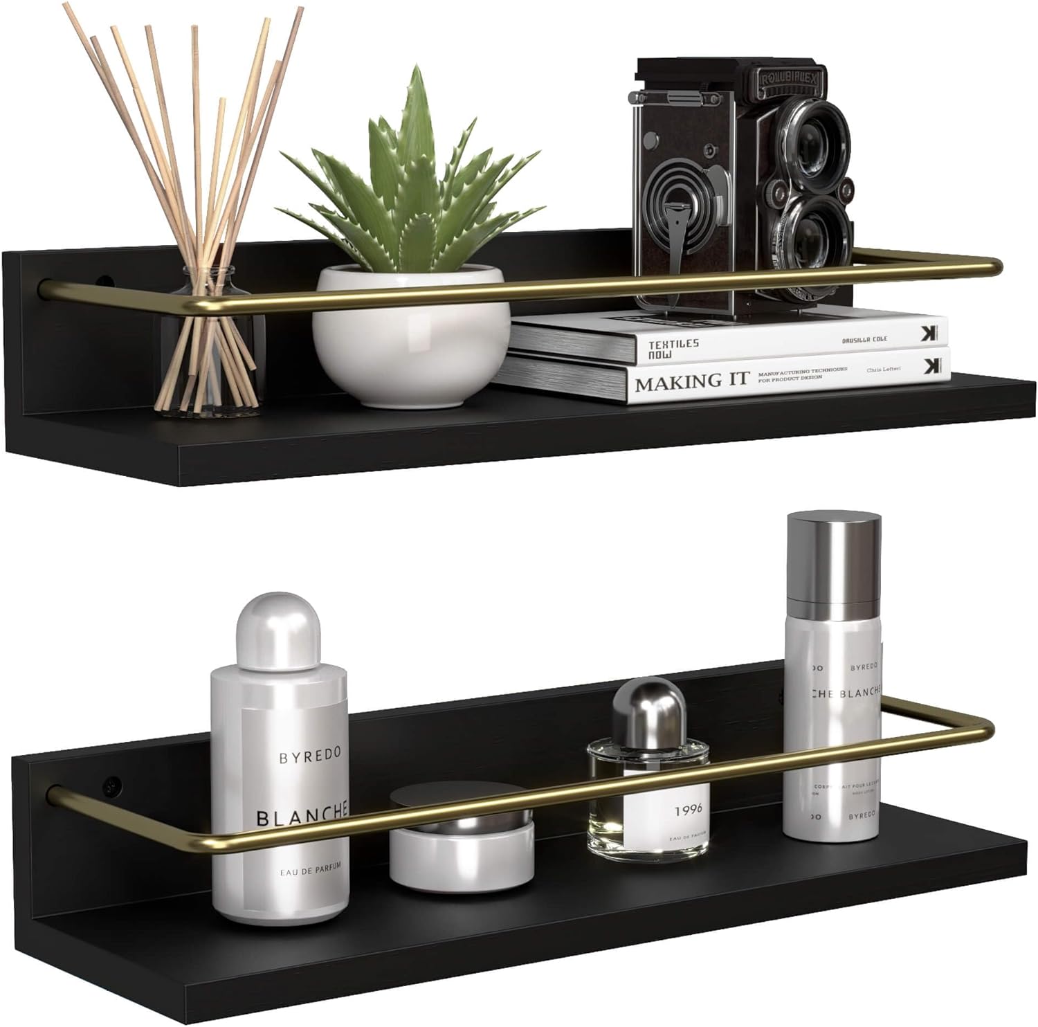 Boswillon Floating Shelves with Metal Gold Guardrail, Wall Mounted Bathroom Shelf for Wall Decor Set of 2, Modern Wall Storage Shelves for Bedroom, Bathroom, Kitchen, Living Room - Black & Gold 