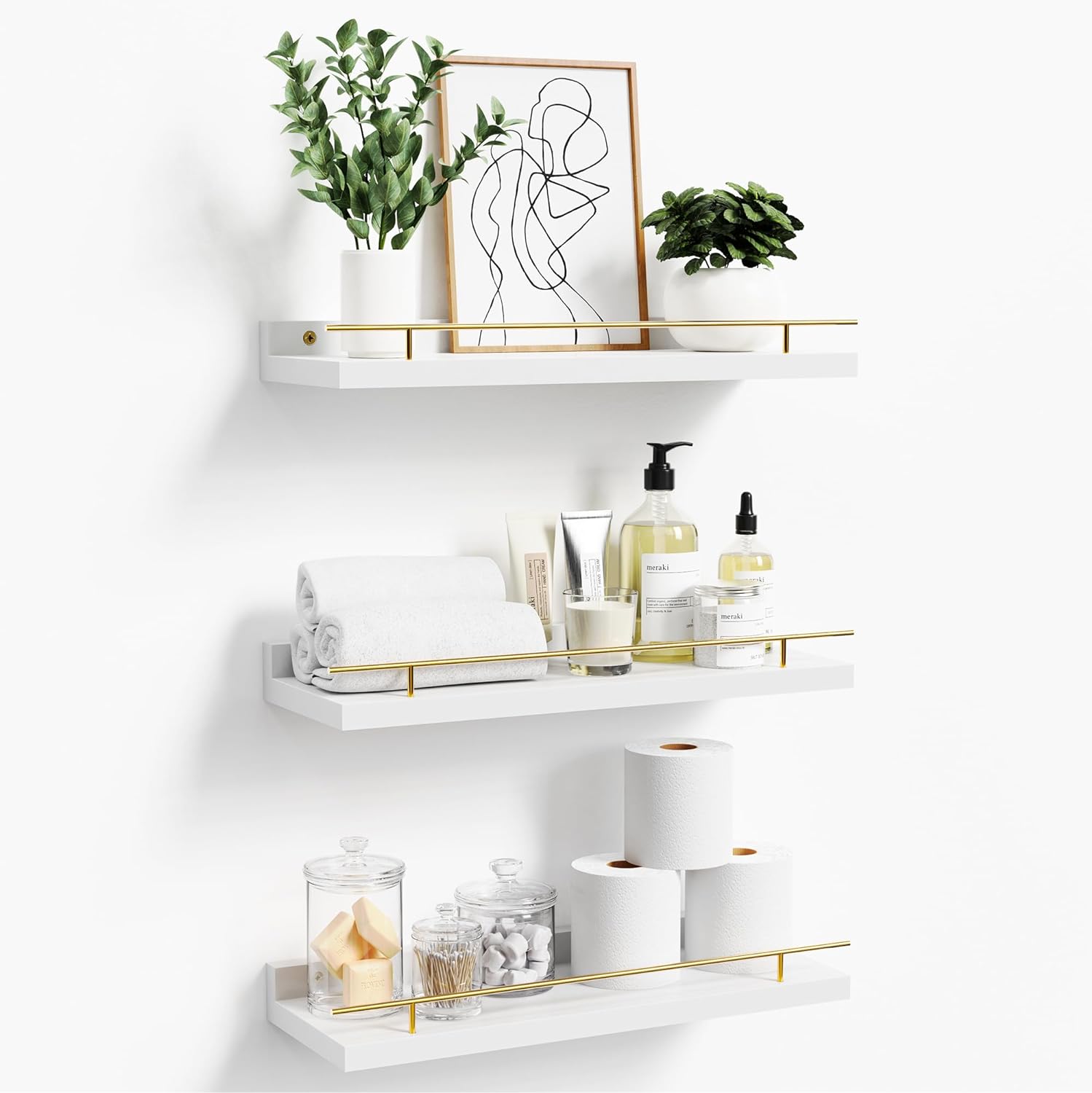 Oridom Floating Shelves for Wall with Gold Metal Guardrail, White Wood Bathroom Shelf for Room Wall Decor Set of 3, Wall Shelves for Bedroom, Living Room, Kitchen Storage, Plant, Picture Frame Display 