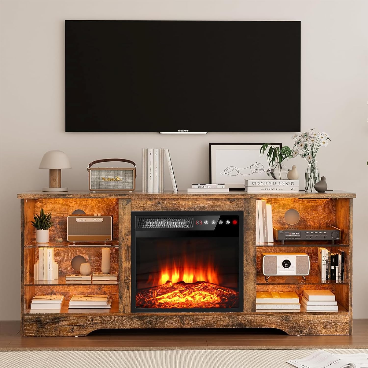 BOSSIN Fireplace TV Stand for TVs up to 65" with 18 inch Electric Fireplace, LED Light Entertainment Center with Adjustable Shelves and Modern Wood Texture, 58 inch Brown