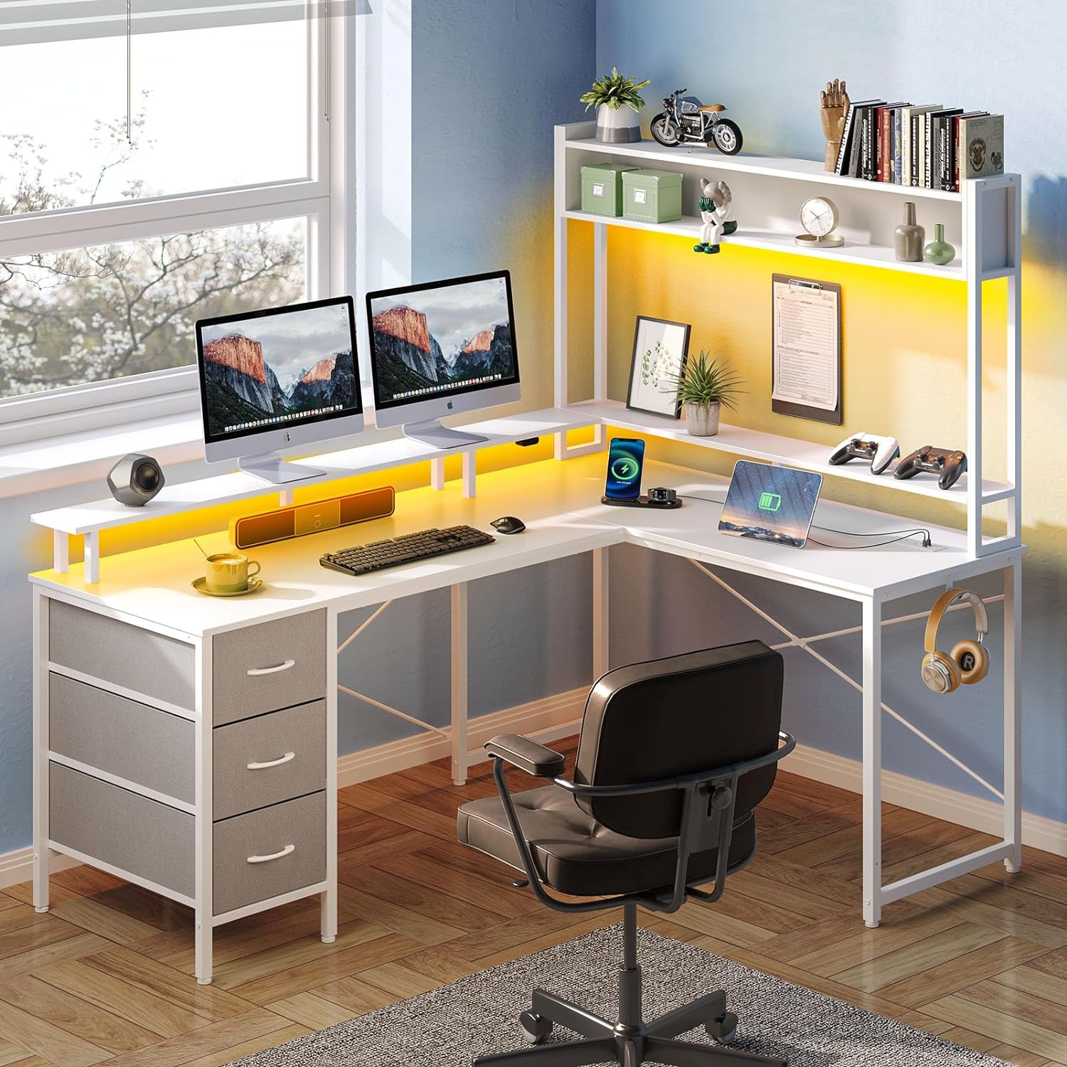 Seventable Computer Desk L Shaped with LED Lights & Power Outlet, 56 Reversible Gaming Desk with 3 Drawers & Storage Hutch, Home Office Desk with Monitor Stand, Corner Desk with Hook, White 