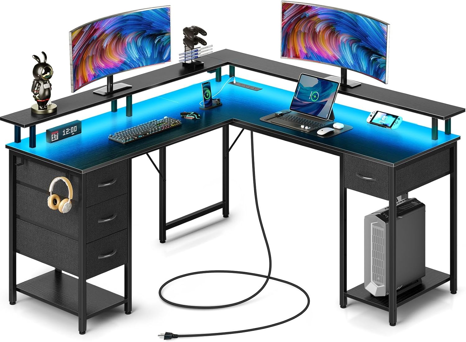 Seventable L Shaped Gaming Desk with 4 Drawers, Computer Desk with LED Lights & Power Outlets, Home Office Desk with Shelves & Monitor Stand for Living Room, Black 