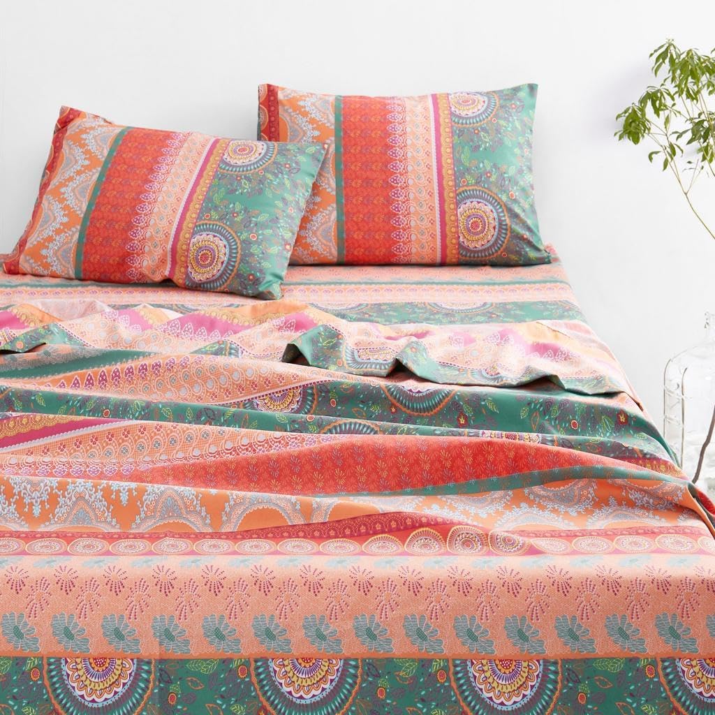 Wake In Cloud - Queen Size Bed Sheets, 4-Piece Fitted Flat Sheet Set, Deep Pocket, Bohemian Boho Chic Mandala Medallion Hippie Colorful Orange Coral Green, Soft Microfiber Bedding 