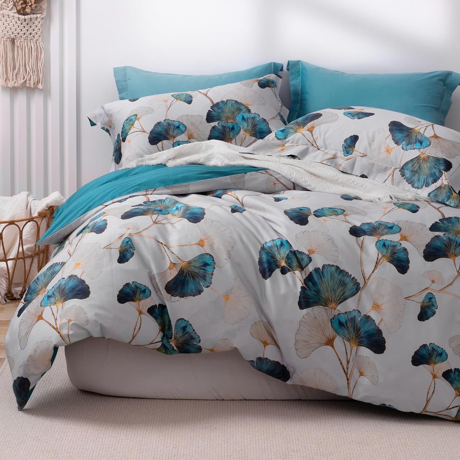  MILDLY 100% Egyptian Cotton Duvet Cover Set Teal Green Gingko Leaf Patten Printed Unique Design Reversible Comforter Cover Set Queen Size (1 Duvet Cover   2 Pillow Shams) 