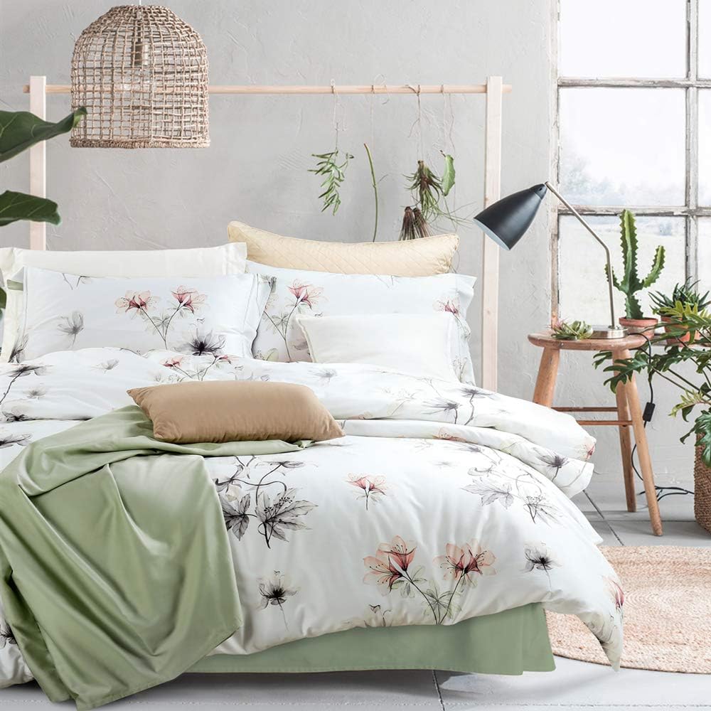  MILDLY Duvet Cover Sets Queen Size, 100% Egyptian Cotton White Green Floral Leaves Printed Comforter Cover Set Watercolor Reversible Ultra Soft & Breathable Unique Design Bedding Set (No Comforter) 