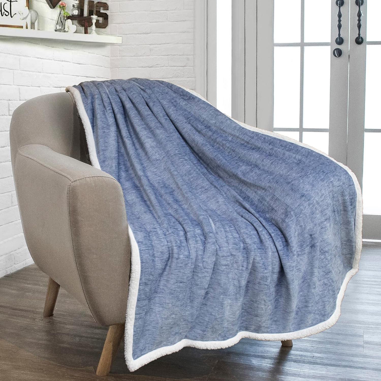 PAVILIA Melange Blue Sherpa Blanket Throw for Couch, Warm Soft Cozy Reversible Blanket Sofa Bed, Thick Plush Large Fleece Car Blanket, Decorative Home Room Decor Gifts Men Women, 50x60 Navy Blue