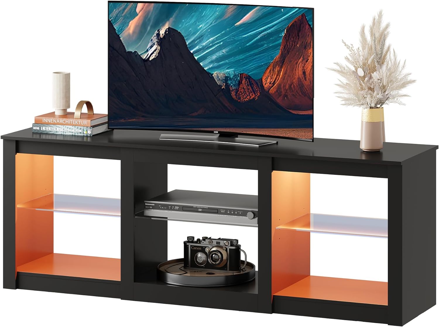  WLIVE TV Stand with LED Lights for TVs up to 65 inch, Entertainment Center with Glass Shelves, Modern TV Console for Living Room, Media Console with Storage, Black 