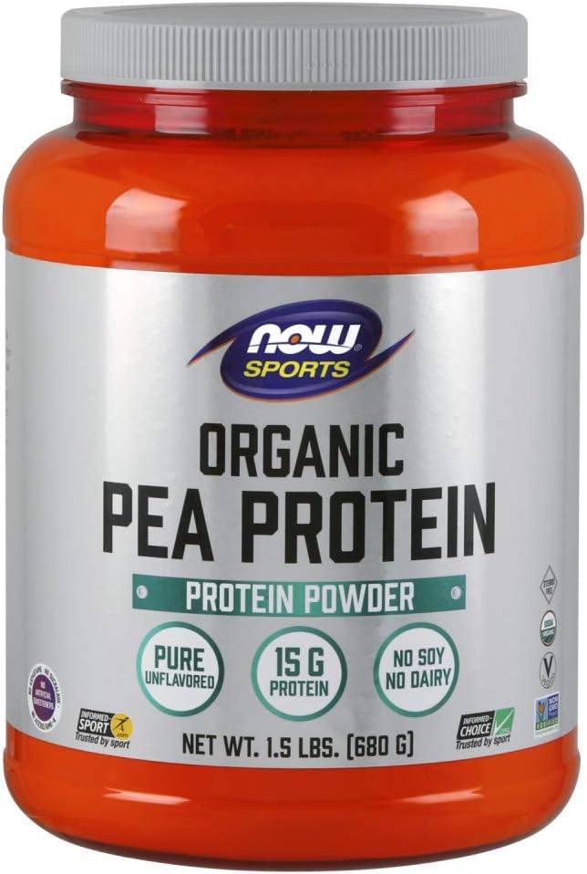 NOW Sports Nutrition, Certified Organic Pea Protein 15 Grams, Unflavored Powder, 1.5-Pound