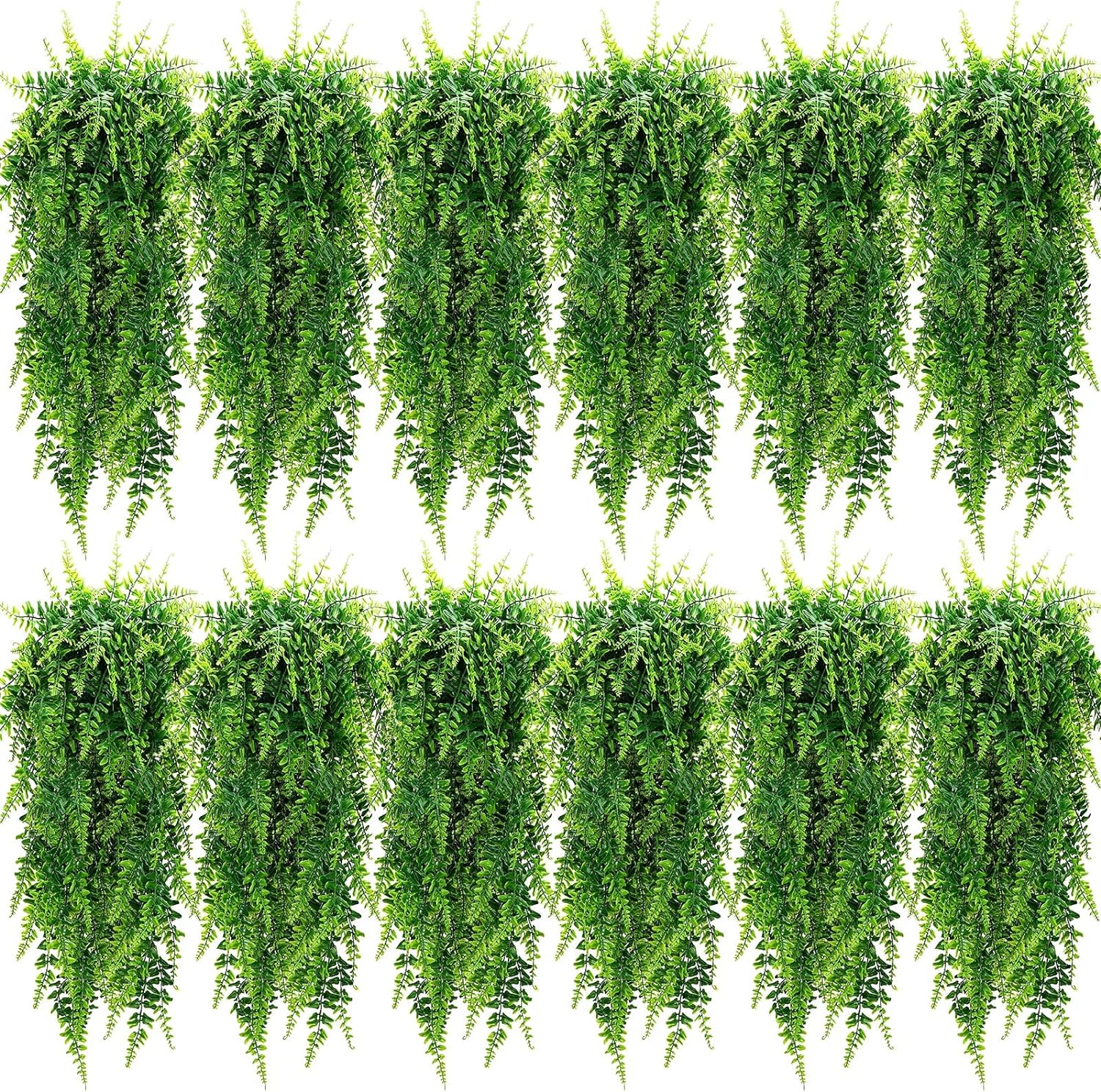 12 Pcs Artificial Hanging Plants 32 Inch Fake Hanging Plant, Fake Boston Ferns Plastic Fake Hanging Plants Fake Plants for Wall House Room Garden Wedding Garland Indoor Outdoor Decoration, No Baskets