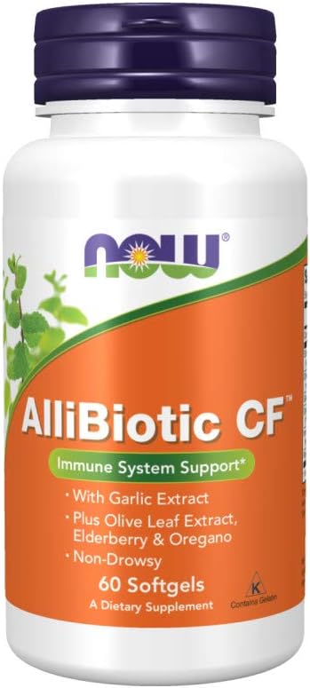 NOW Supplements, AlliBiotic CF, with Garlic Extract, Olive Leaf Extract, Elderberry & Oregano, Non-Drowsy Formula, 60 Softgels