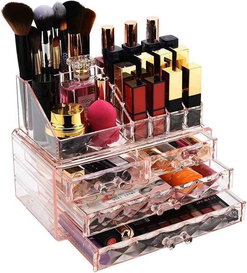 ZHIAI Jewelry and Cosmetic Boxes with Brush Holder - Pink Diamond Pattern Storage Display Cube Including 4 Drawers and 2 Pieces Set