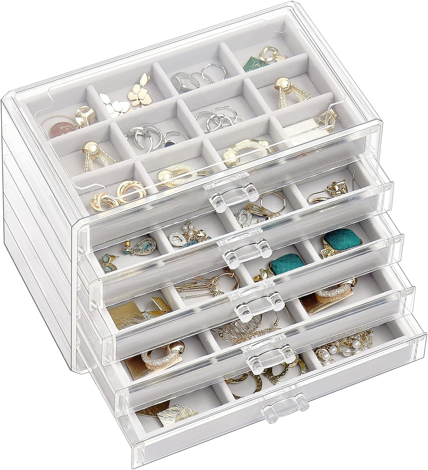 ProCase Earring Holder Organizer Box Valentine's Day Gifts, Clear Acrylic Jewelry Box for Women, Stackable Large Jewelry Storage Case with Adjustable Velvet Trays on Dresser Vanity -Grey, 5 Layers