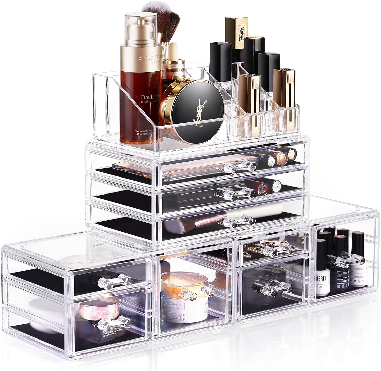 DreamGenius Makeup Organizer, 4 Pieces Acrylic Makeup Storage Box with 9 Drawers for Lipstick Jewelry and Makeup Brushes, Stackable Vanity Organizer for Dresser and Bathroom Countertop, Clear