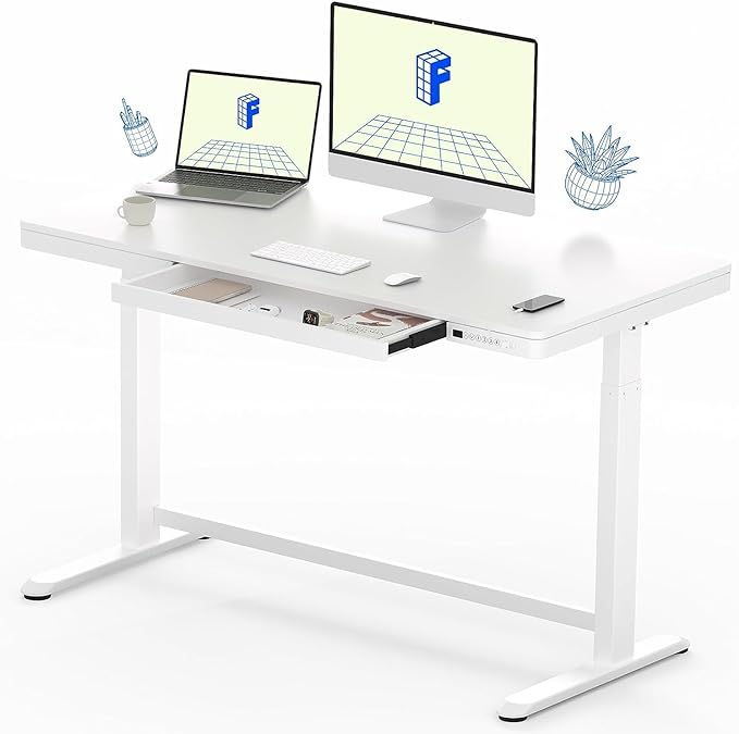 FLEXISPOT Comhar Electric Standing Desk with Drawers Charging USB A to C Port, Height Adjustable 48 Whole-Piece Quick Install Home Office Computer Laptop Table with Storage (White Top   Frame)