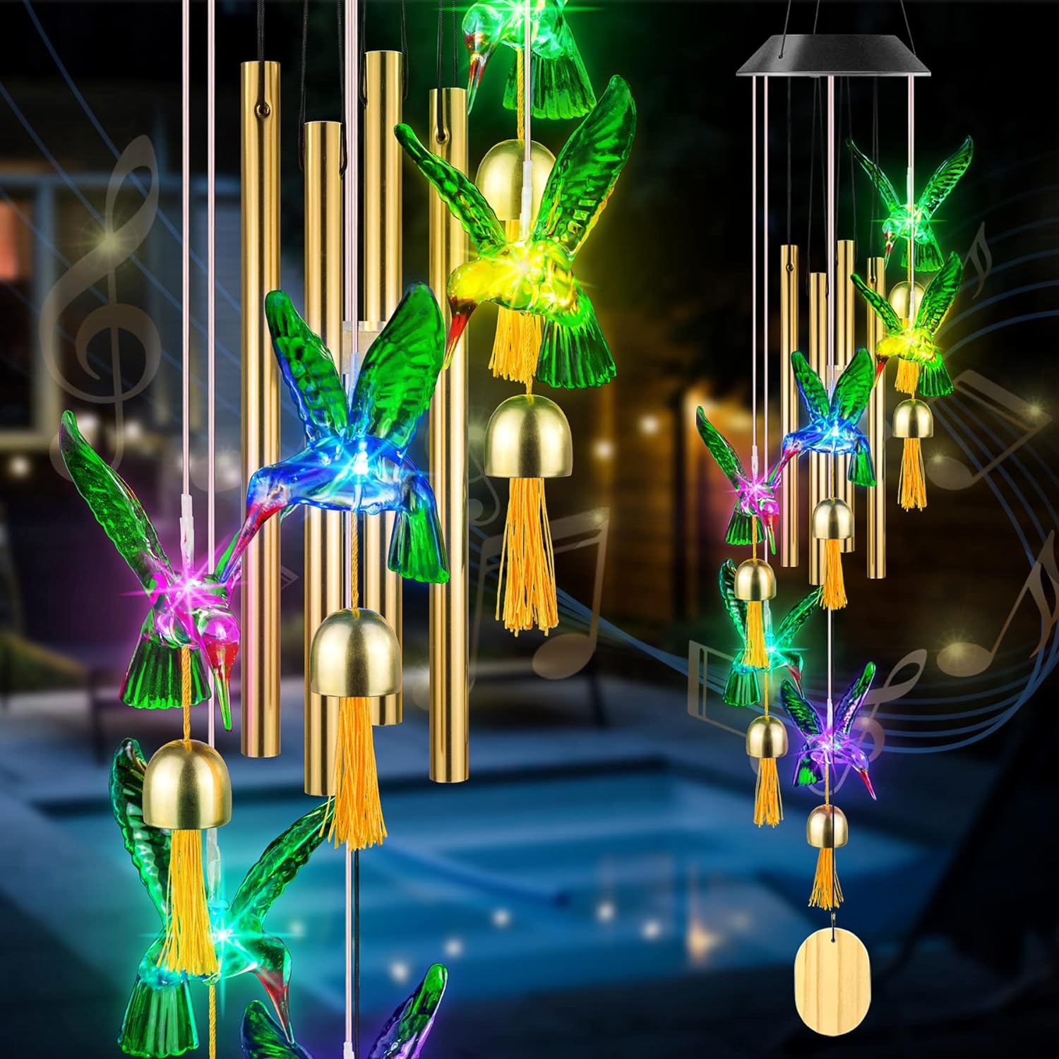 LESES Wind Chimes Outdoor Clearance Hummingbird Solar Wind Chime Color Changing Lights for Mom Grandma Birthday Gifts, Memorial WindChimes with Wind Bell for Home Garden Decor