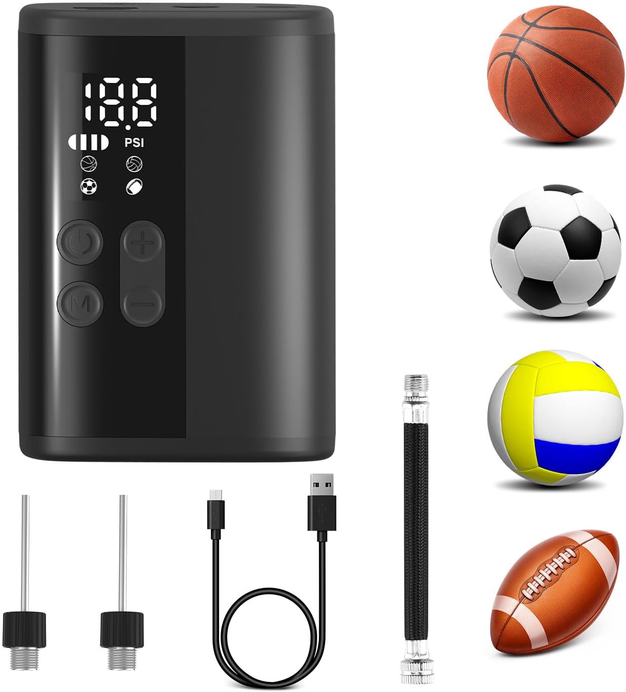 Woowind Ball Pump Electric Basketball Pump with Pressure Gauge LED Lighting and Power Bank, Automatic Portable Ball Inflator with Ball Needle for Football,Soccer,Sports Balls