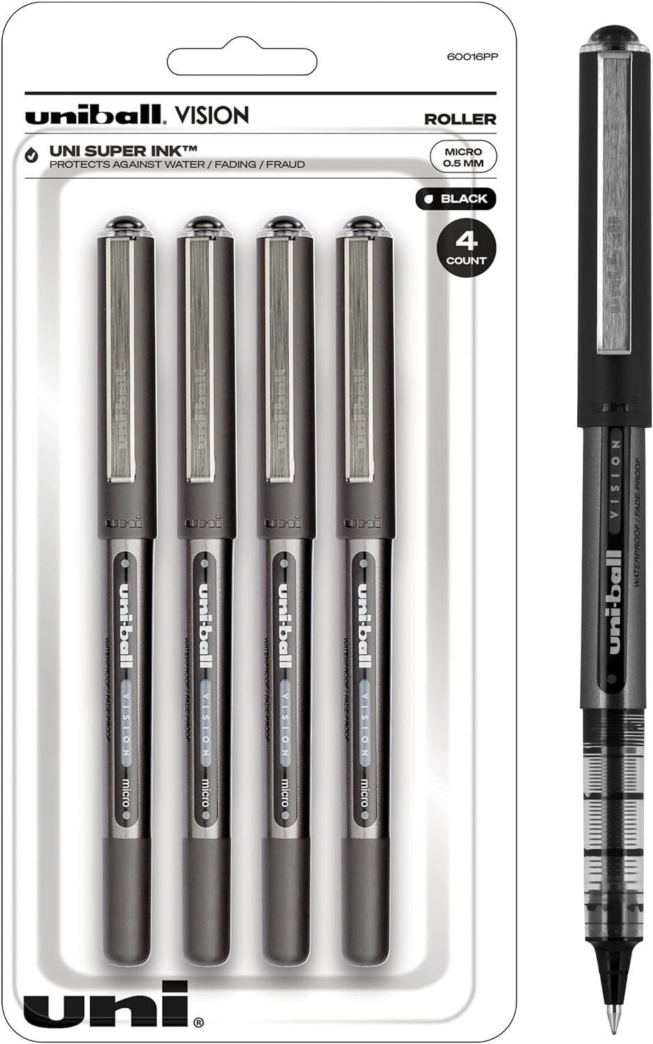 Uniball Vision Rollerball Pens, Black Pens Pack of 4, Micro Point Pens with 0.5mm Micro Black Ink, Ink Black Pen, Pens Fine Point Smooth Writing Pens, Bulk Pens, and Office Supplies