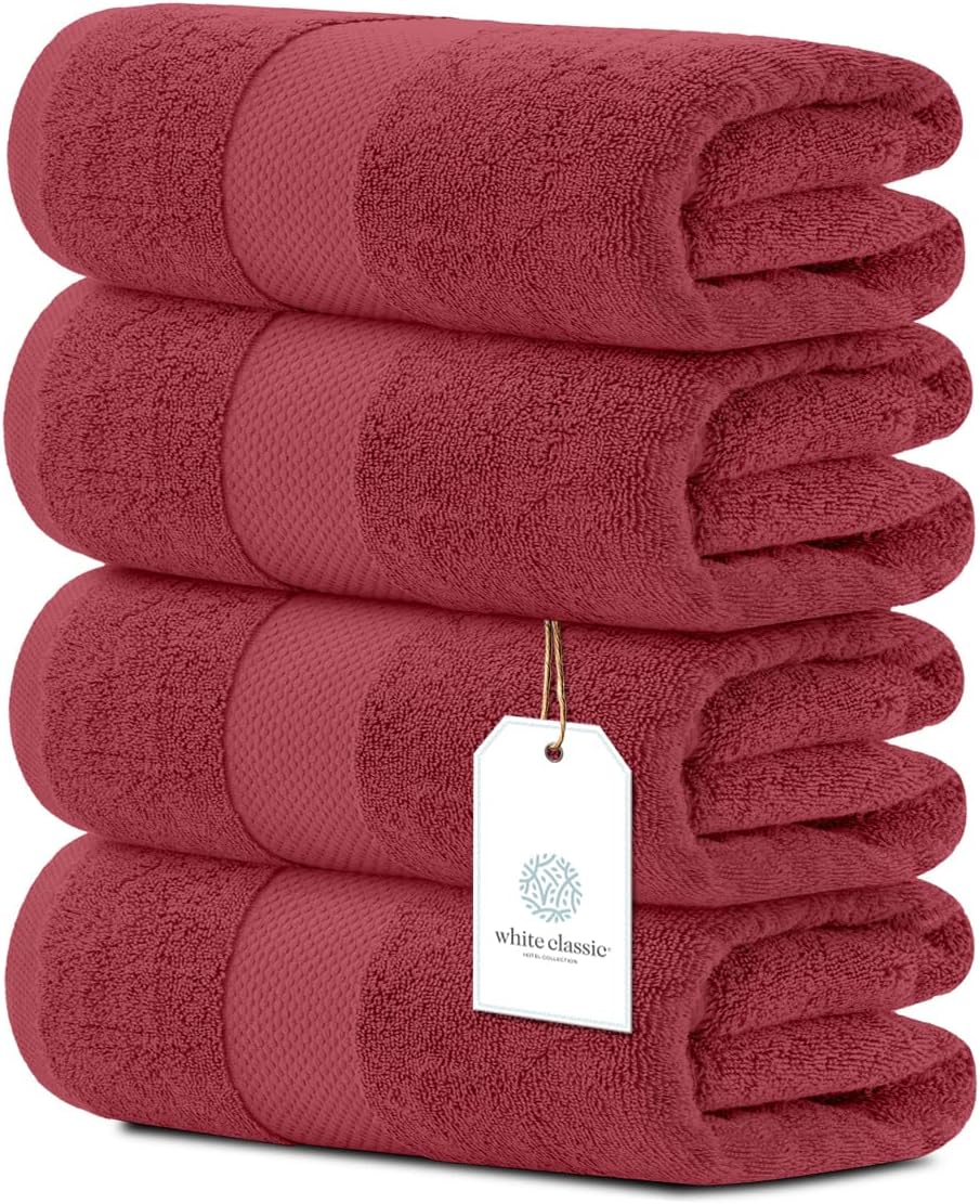 White Classic Luxury Red Bath Towels Extra Large | 100% Soft Cotton 700 GSM Thick 2Ply Absorbent Quick Dry Hotel Bathroom Towel | 27x54 Inch | Christmas Red | Set of 4