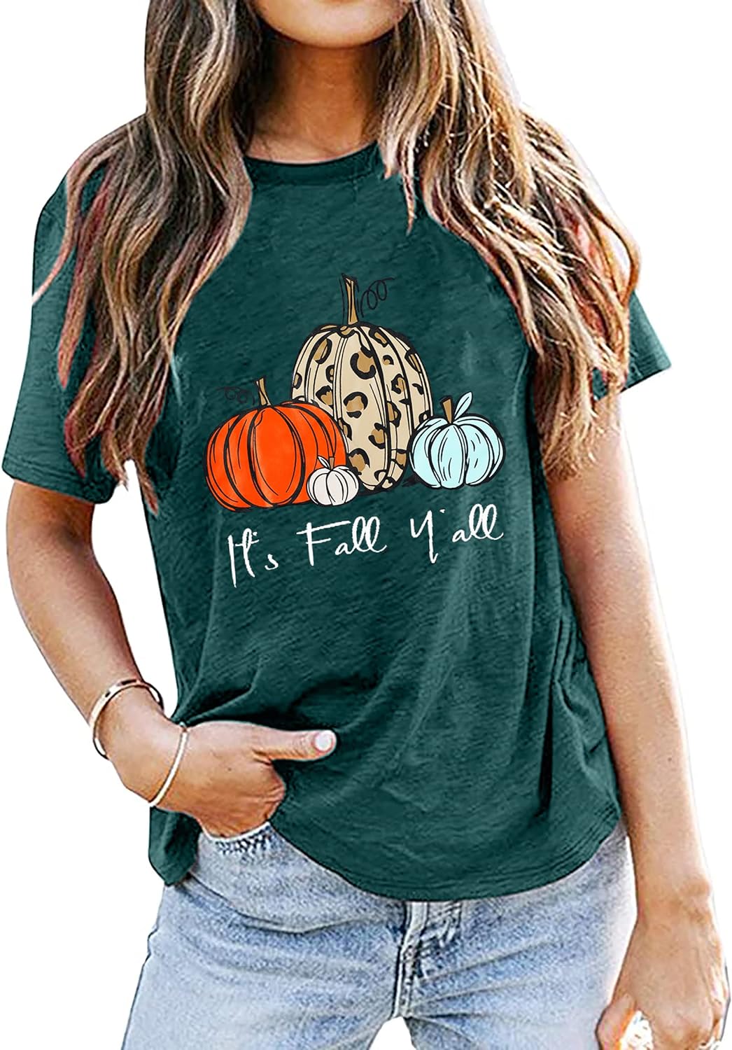 It' Fall Y'all Shirts Women Halloween Leopard Pumpkin Short Sleeve T-Shirt Thanksgiving Casual Top Tees