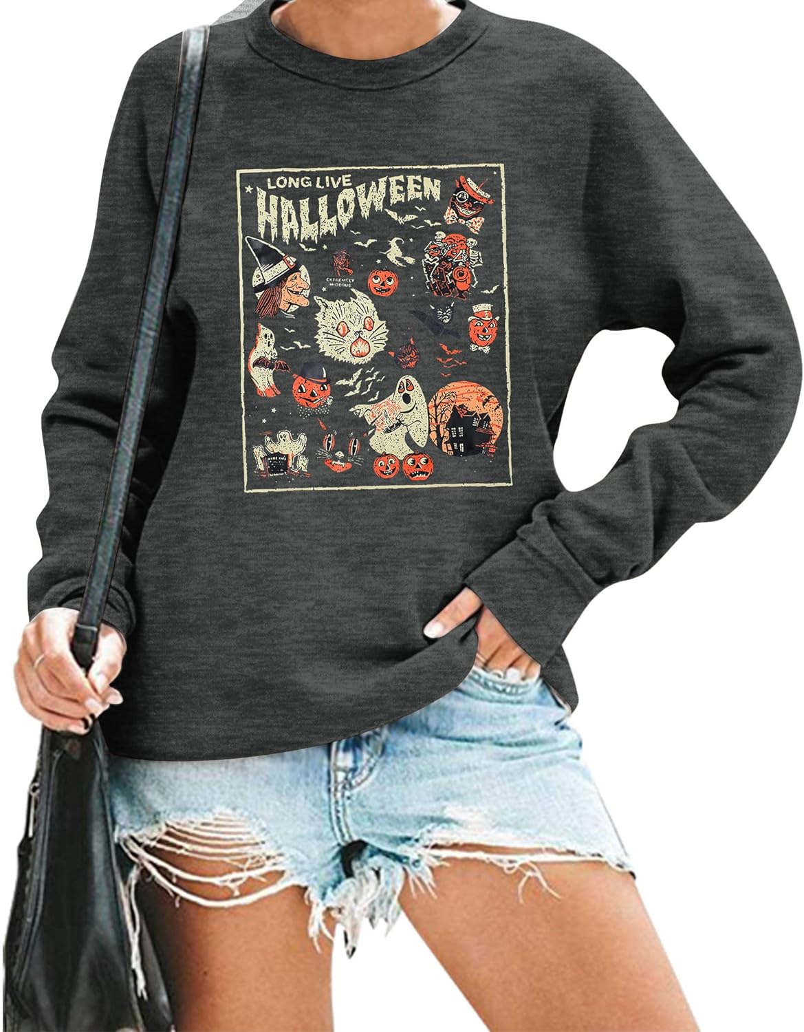 ALLTB Halloween Sweatshirts For Women Vintage Halloween Doodles Sweatshirts Hocus Pocus Long Sleeve Crewneck Tops
