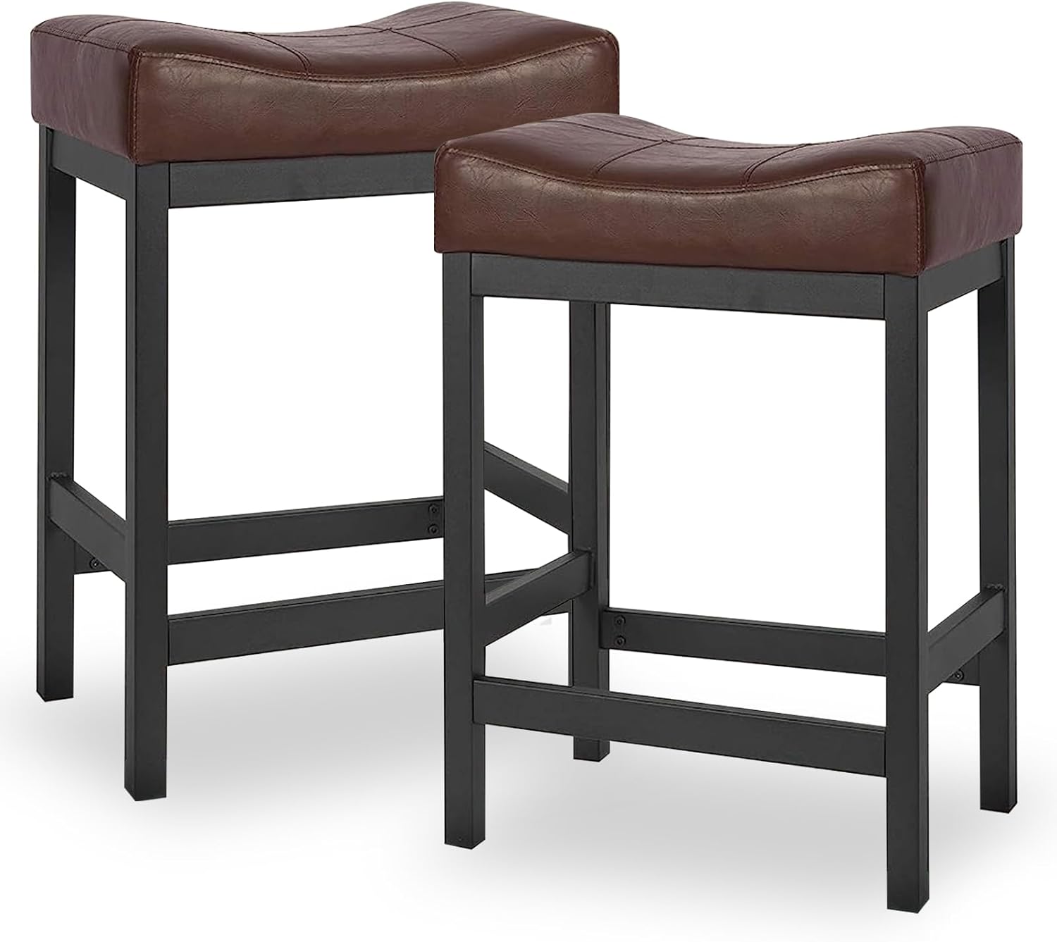  KATDANS Bar Stools Set of 2, Counter Height Stools 24 Inch Saddle Stools, PU Leather Modern Kitchen Barstools with Metal Base, KS861P-Brown, 2Pcs 