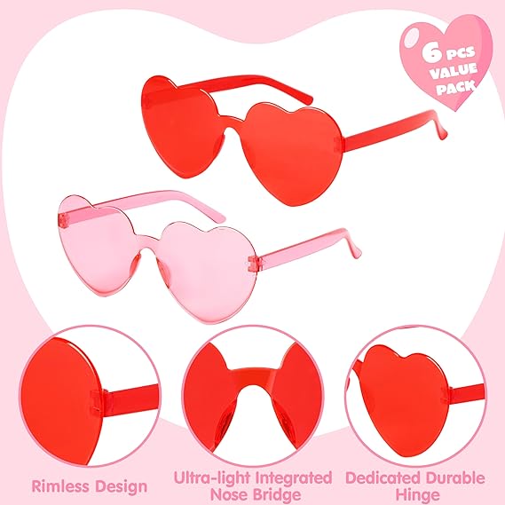  JOYIN Valentine' Day Heart Shape Glasses, Rimless Sunglasses, Stylish and Safe Eyewear in Red and pink, Party Favor, Rainbow Sunglasses Candy Color Rimless Glasses for Women and Girl 