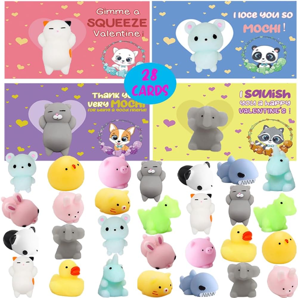  UMEELR Valentines Day Gifts Cards for Kids, 28 Pack Valentine' Greeting Cards with Mochi Squishies Toys, Valentine School Classroom Prize Party Favor Toys, Valentine Gift Exchange 