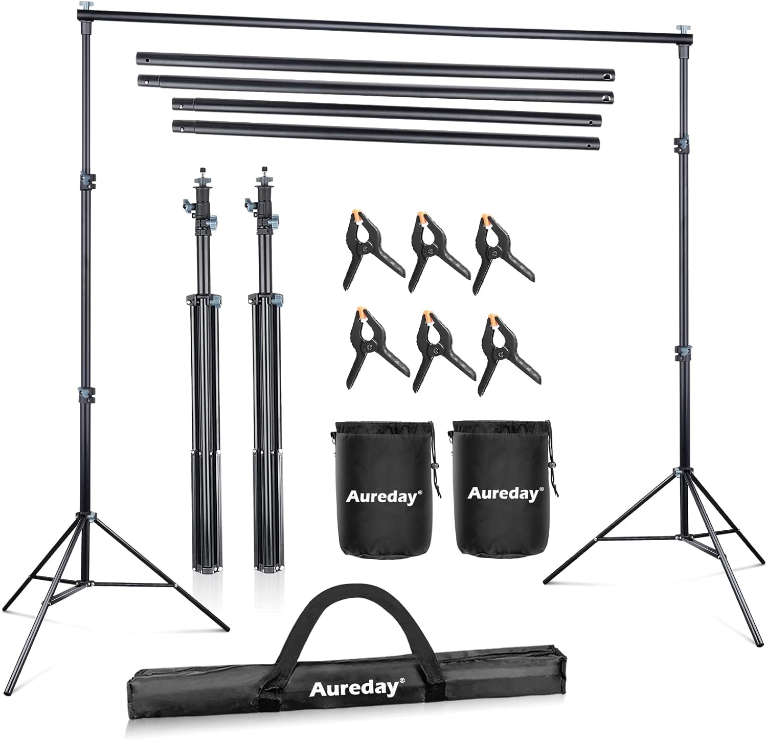  Aureday Backdrop Stand, 10x8.5ft Adjustable Photo Backdrop Stand for Parties, Heavy Duty Background Stand with Travel Bag, 6 Backdrop Clamps, 4 Crossbars, 2 Sandbags for Wedding/Decorations/Photoshoot 