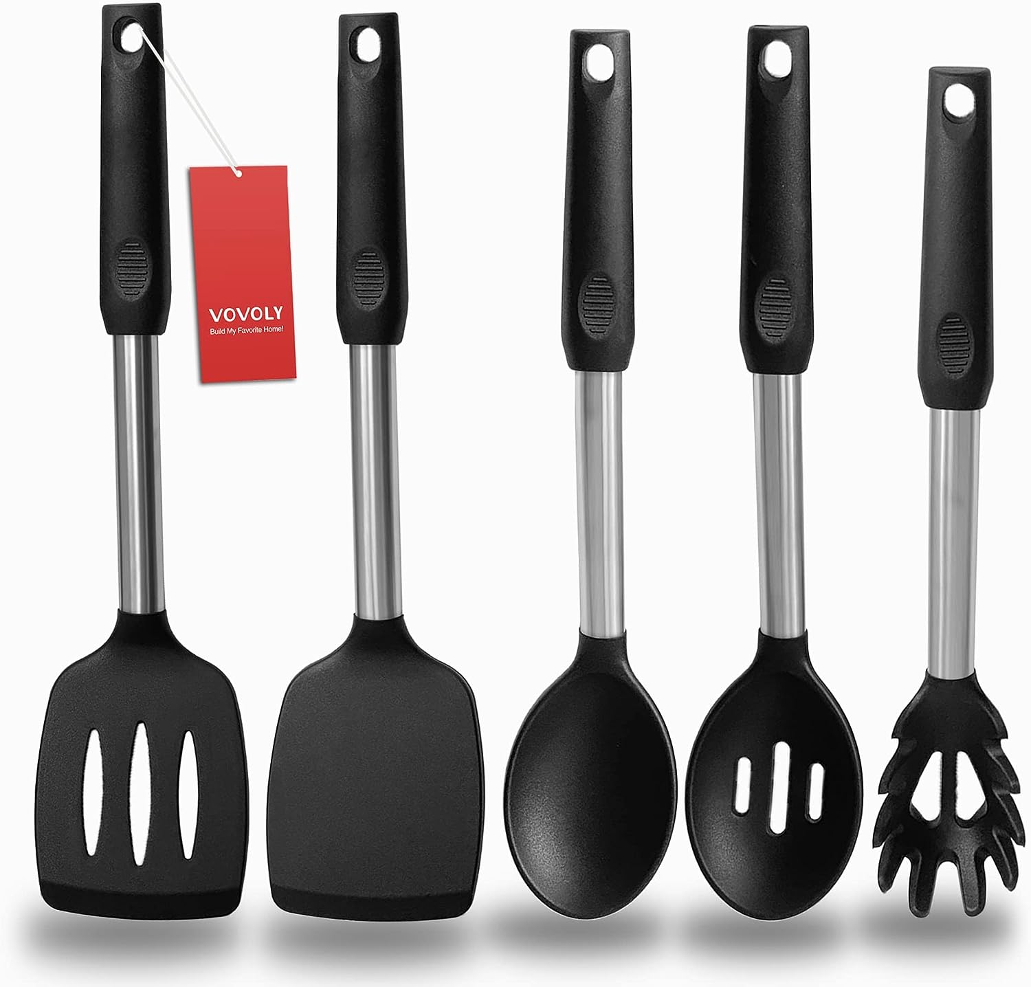 Silicone Spatula and Cooking Spoon,5 Pack Non-Stick Cooking Utensils for KitchenHeat Resistant Solid & Slotted Spoons and Spatulas, Stainless Steel Handle Coated with Silicone,Black