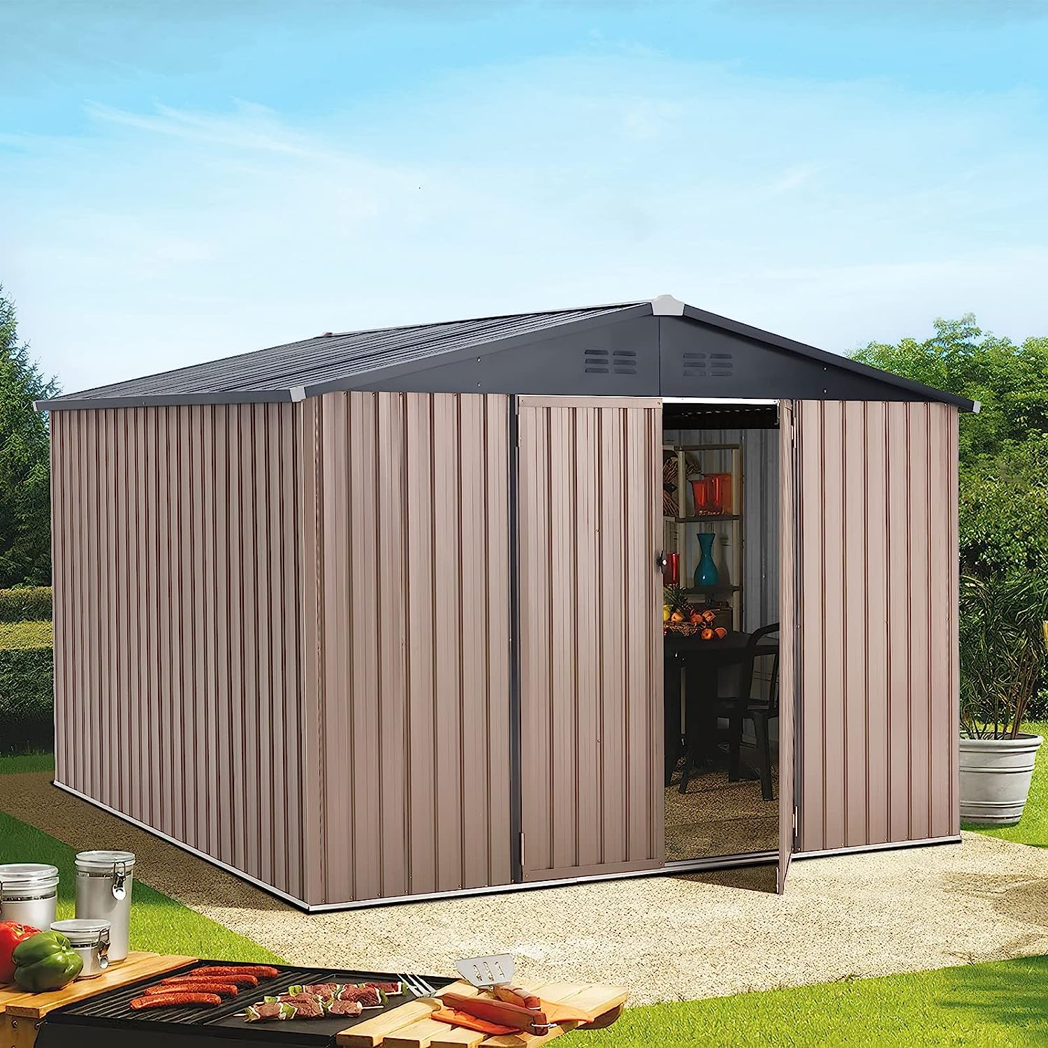 AECOJOY 8' x 10' Metal Storage Shed for Outdoor, Steel Yard Shed with Design of Lockable Doors, Utility and Tool Storage for Garden, Backyard, Patio, Outside use.