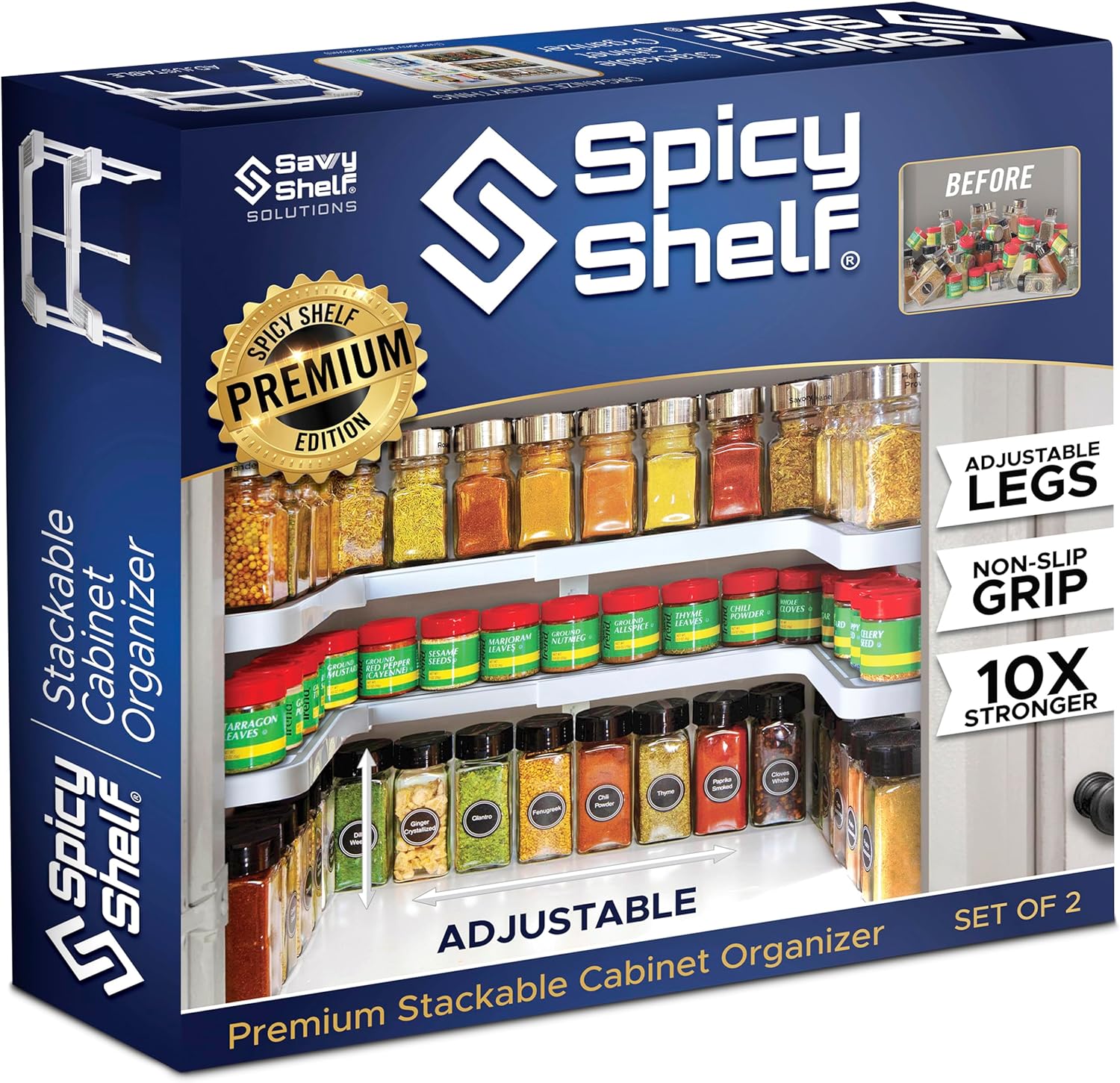 Spicy Shelf 3.0 - Expandable 2 Tiered Spice Rack Organizer for Cabinet & Pantry - Kitchen Seasoning Organizer - Cabinet Spice Racks for Inside Cabinets (Spicy Shelf Premium)