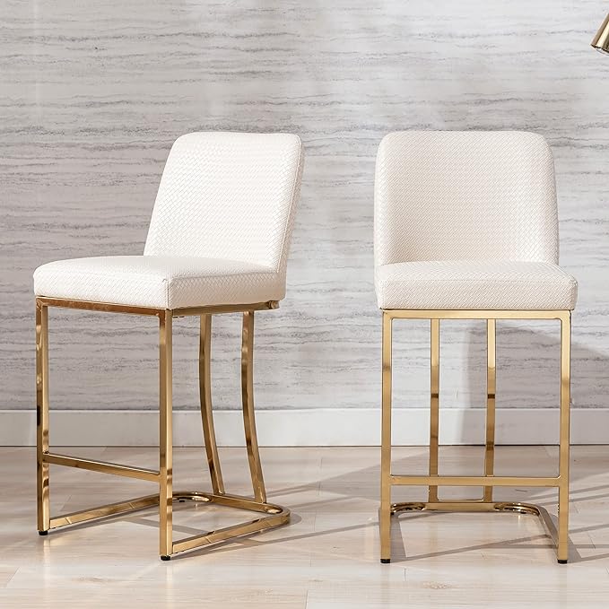 BESTANO Mid-Century Modern Gold Counter Height Bar Stools with Back, 24" Leather Upholstered Counter Stool Chairs for Kitchen Island Set of 4, Beige Woven Faux Leather