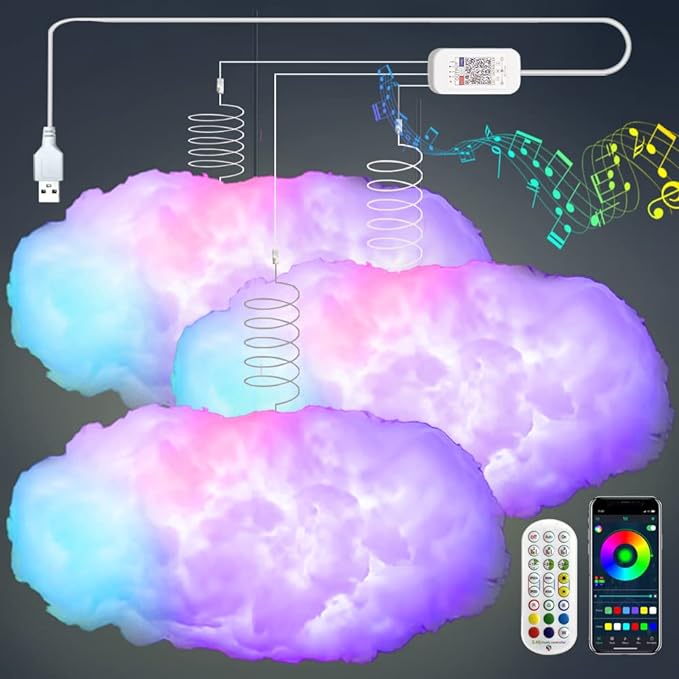 3PCS 3D Big Cloud lightning Light Kit Music Sync Warm Multicolor lightning Changing Strip Lights 360 Degree Wireless Remote APP NO DIY Coolest Decorations for Adults and Kids Indoor Home Bedroom