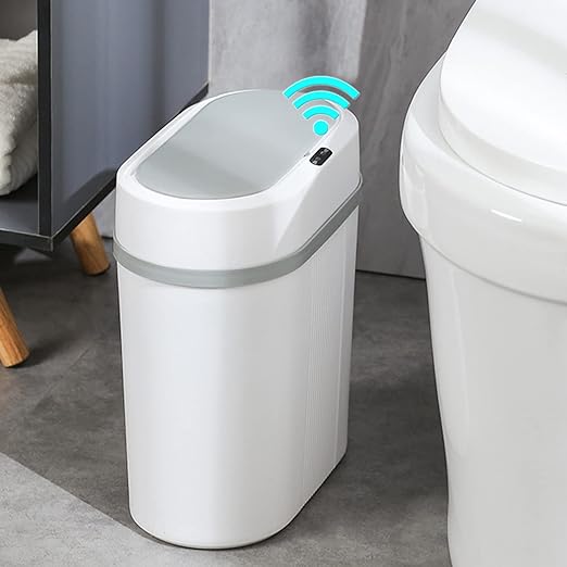 LALASTAR Touchless Trash Can, Small Bathroom Trash Can with Lid, Slim Automatic Garbage Can, Narrow Motion Sensor Trashcan, Smart Plastic Trash Bin for Bathroom, Bedroom, Kitchen, White, 2.5 Gallon