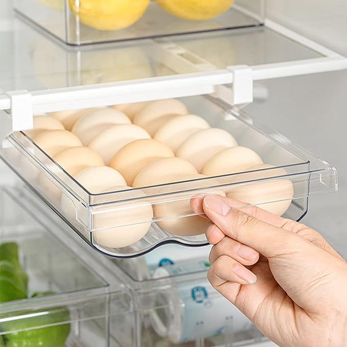 LALASTAR Egg Holder For Refrigerator, Snap-on Refrigerator Storage Drawers for Eggs, Pull Out Refrigerator Egg Drawer, Storage Containers Fit for Fridge Shelf Under 0.6"