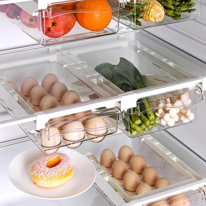 LALASTAR Fridge Drawer Organizer & Egg Holder For Refrigerator, Set of 2, Pull Out Refrigerator Storage Drawers for Fruits, Vegetable And Egg, Storage Containers Fit for Fridge Shelf Under 0.6"