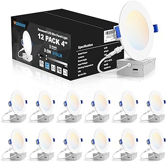 VOLISUN 12 Pack 4 inch Recessed Lighting, 5CCT LED Recessed Light with Junction Box, 2700K-5000K Selectable, 9.5W Eqv 80W, 810LM Dimmable Canless Wafer Downlight, LED Ceiling Light ETL Certificated