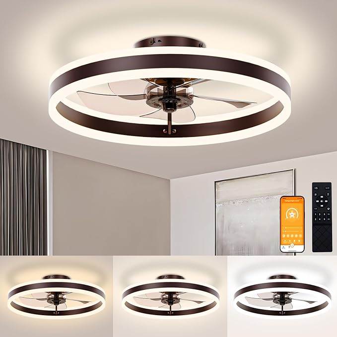 VOLISUN Low Profile Ceiling Fans with Light and Remote, 19.7in Modern Ceiling Fan with Light, 3000K-6500K Dimmable Flush Mount LED Fan Light, Brown Fandelier Ceiling Fans with Lights for Bedroom