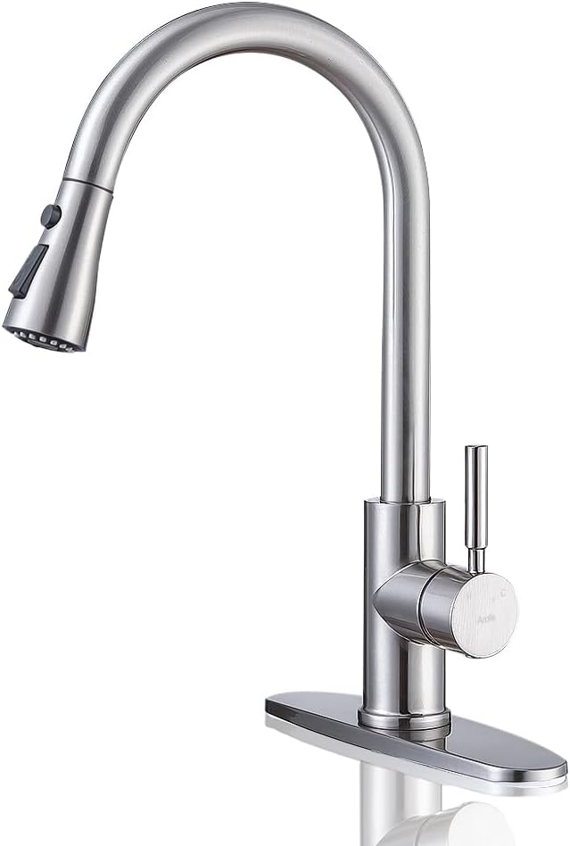 Arofa Kitchen Faucet with Pull Down Sprayer, Brushed Nickel Kitchen Sink Faucet Single Handle Stainless Steel for 1 or 3 Hole Farmhouse Camper Laundry Utility Rv Bar Sinks