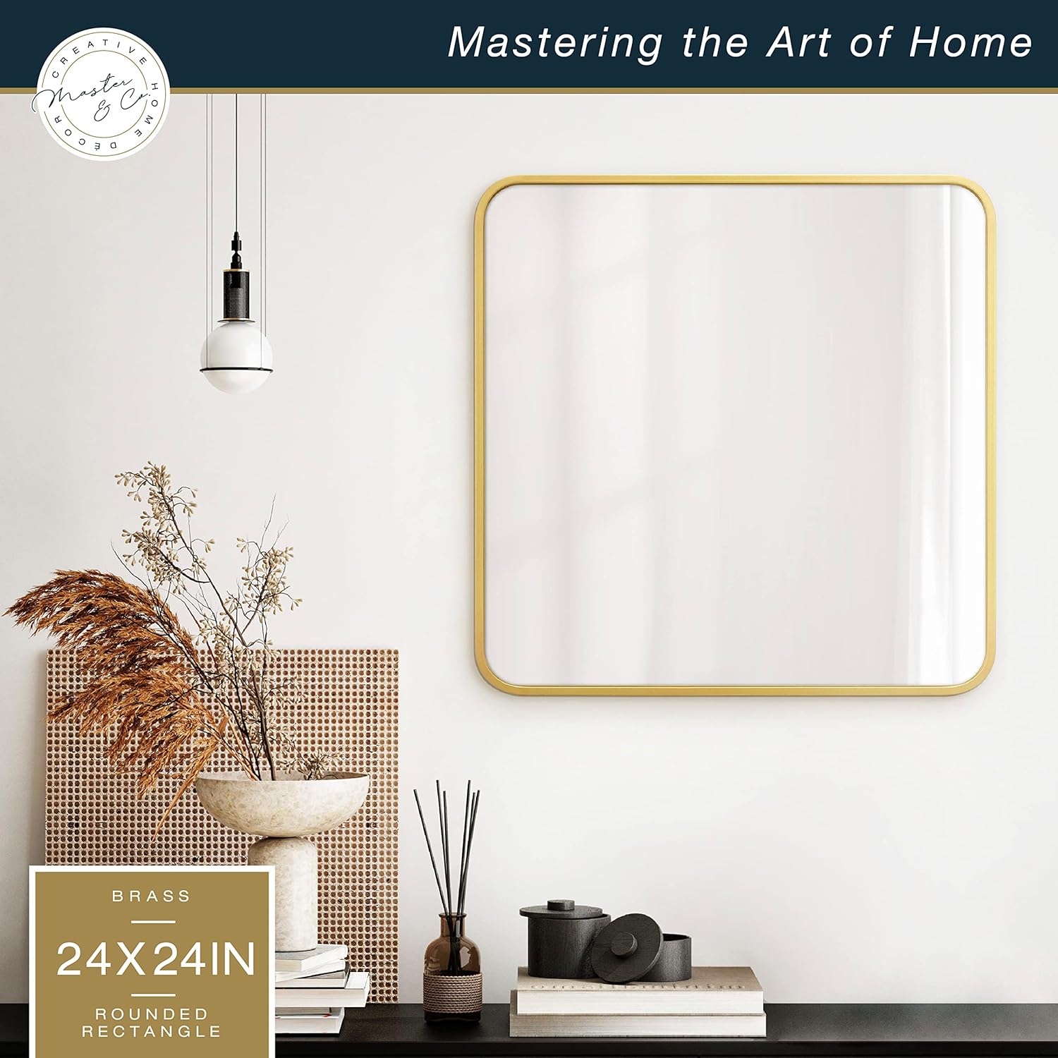 MCS Master & Co. Modern Metal Large Wall Mirror, Minimalist Home Decor Square Mirror with Rounded Corners for Living Room, Bedroom, or Bathroom, Brass, 24 x 24 in