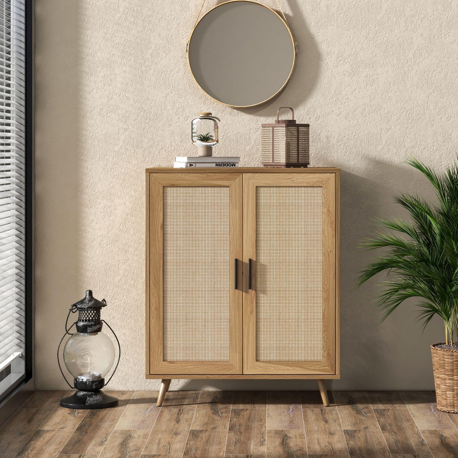 Xilingol Buffet Cabinet with Storage, Storage Cabinet with Rattan Decor Doors, Accent Cabinet with Solid Pine Wood Feet, Sideboard Cabinet for Hallway, Entry, Living Room, Natural