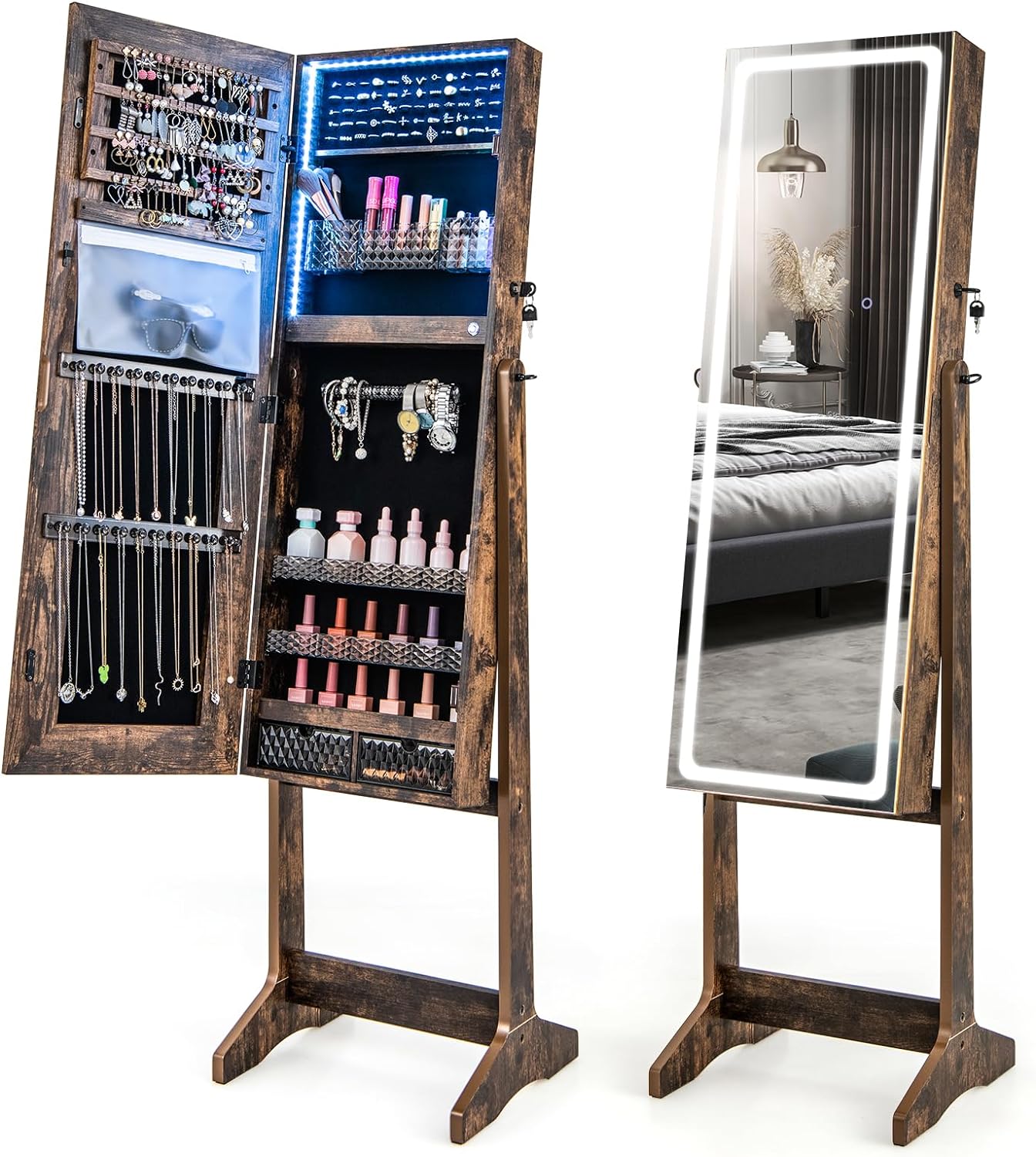 LOKO Standing Jewelry Cabinet with LED Lights, Lockable Jewelry Armoire with Full-Length Mirror, Lipstick Box & 2 Drawers, Large Storage Jewelry Organizer with 3 Adjustable Angles (rustic brown)