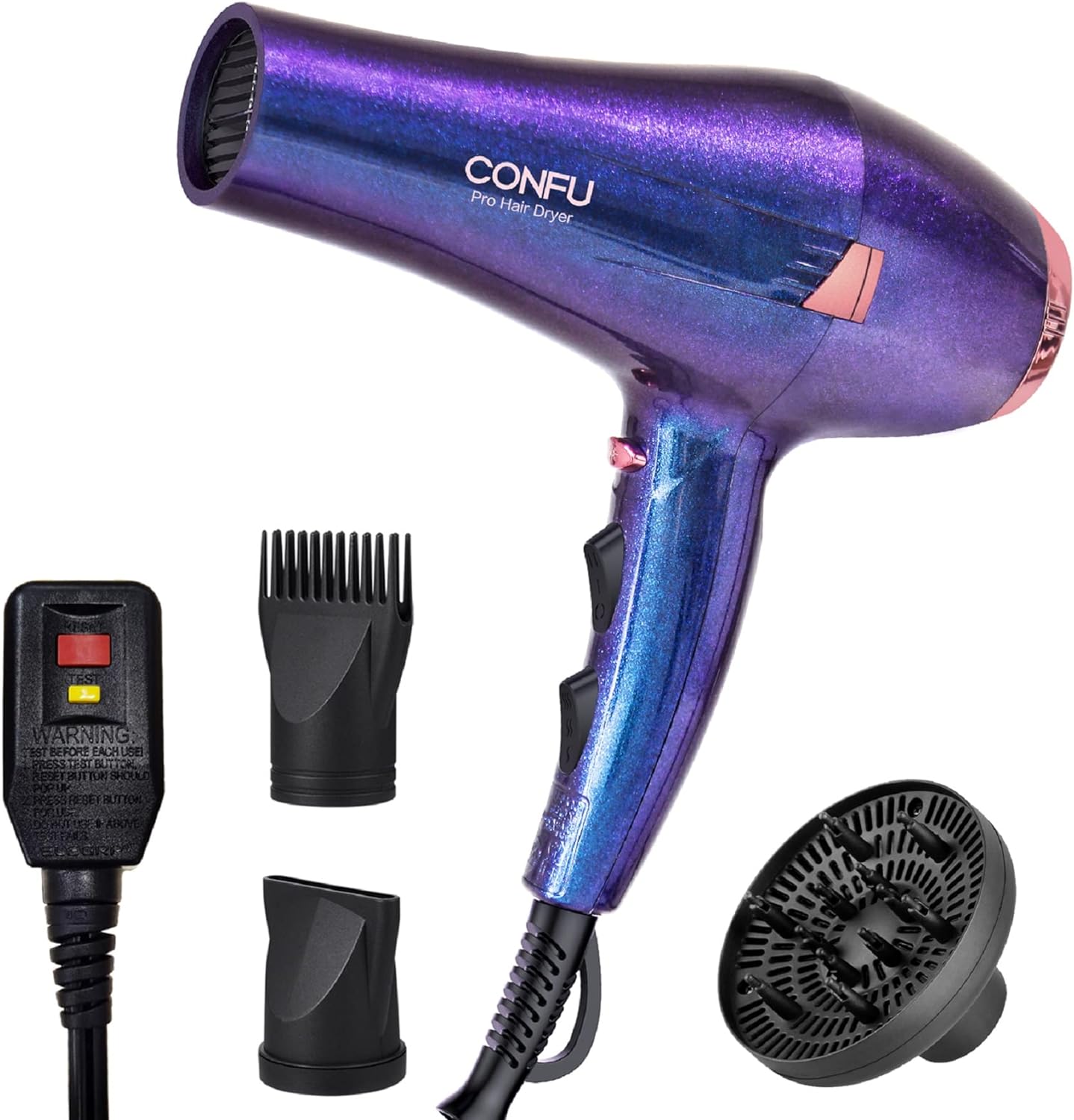 CONFU Professional Hair Dryer, Compact Blow Dryer, Negative Ionic Hair Dryer with Diffuser and Concentrator, for Quick Drying, ETL Certified, Purple