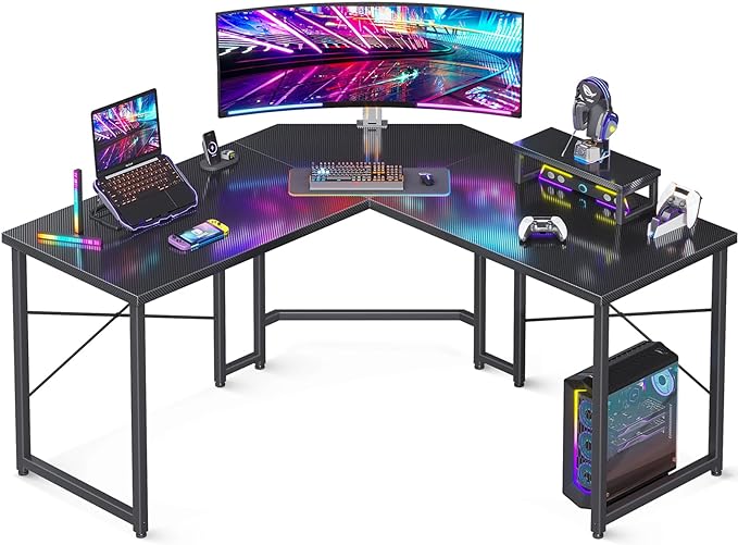 51 Inch L Shaped Gaming Desk with Monitor Stand, Computer Desk for Home Office, PC Corner Desk Table Sturdy Writing Workstation, Carbon Fiber Surface, Black