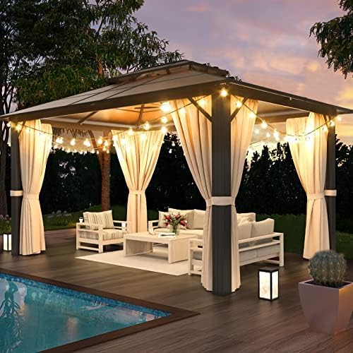 10'x12' Hardtop Gazebo, Double Roof Gazebo, Aluminum Frame Permanent Pavilion with Netting and Curtains, Outdoor Polycarbonate Gazebo, for Patios, Gardens, Lawns