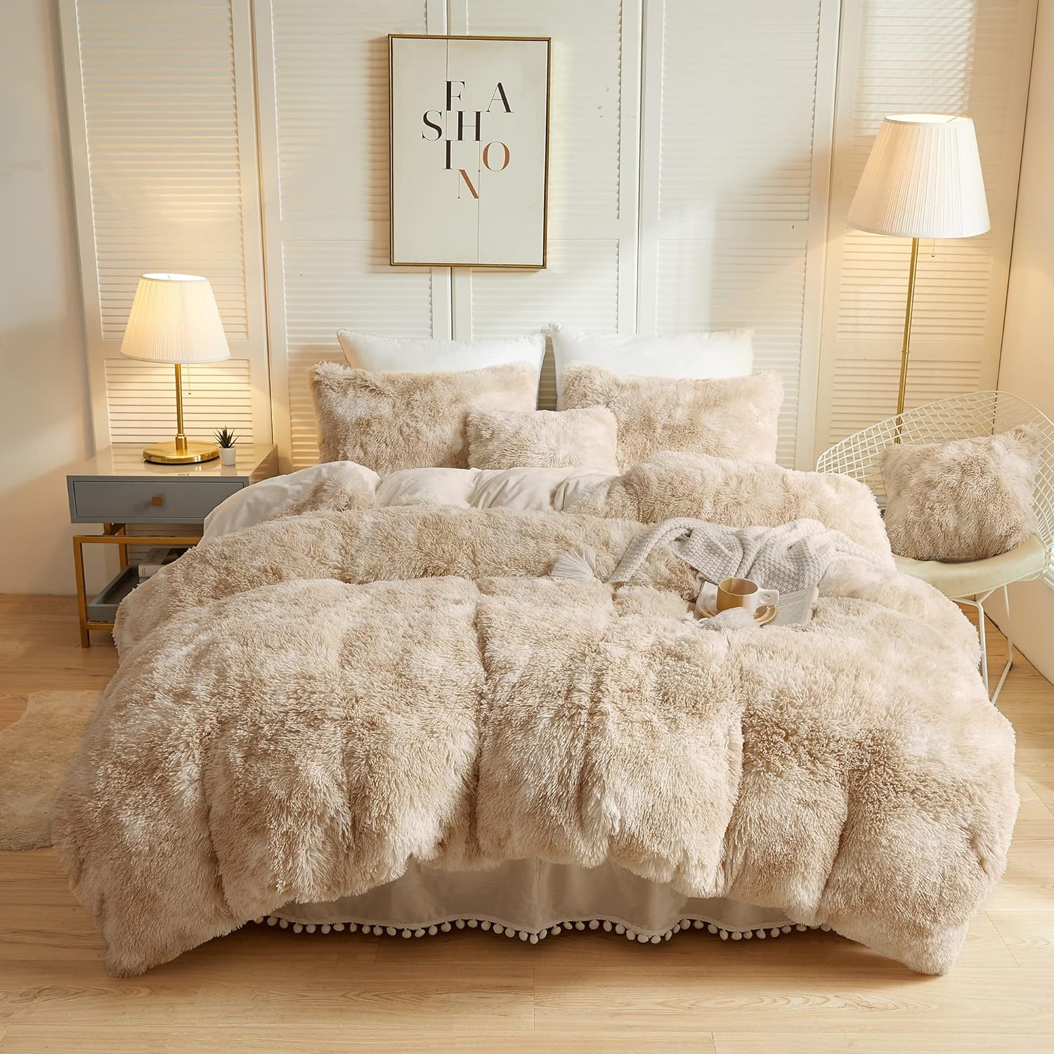 LIFEREVO Luxury Fluffy Faux Fur Duvet Cover Set, Tie Dye Plush Fuzzy Duvet Cover Set(1 Print Shaggy Comforter Cover 2 Furry Pillow Shams)Bedding Set, Zipper Closure(Full/Queen, Off White/Light Beige)